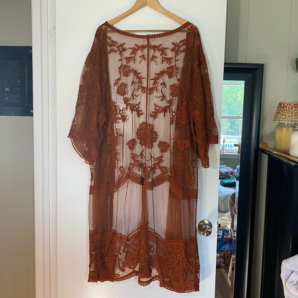 Dizzire Rusty Orange Lace Boho Beachy Cover Up Cardigan XL